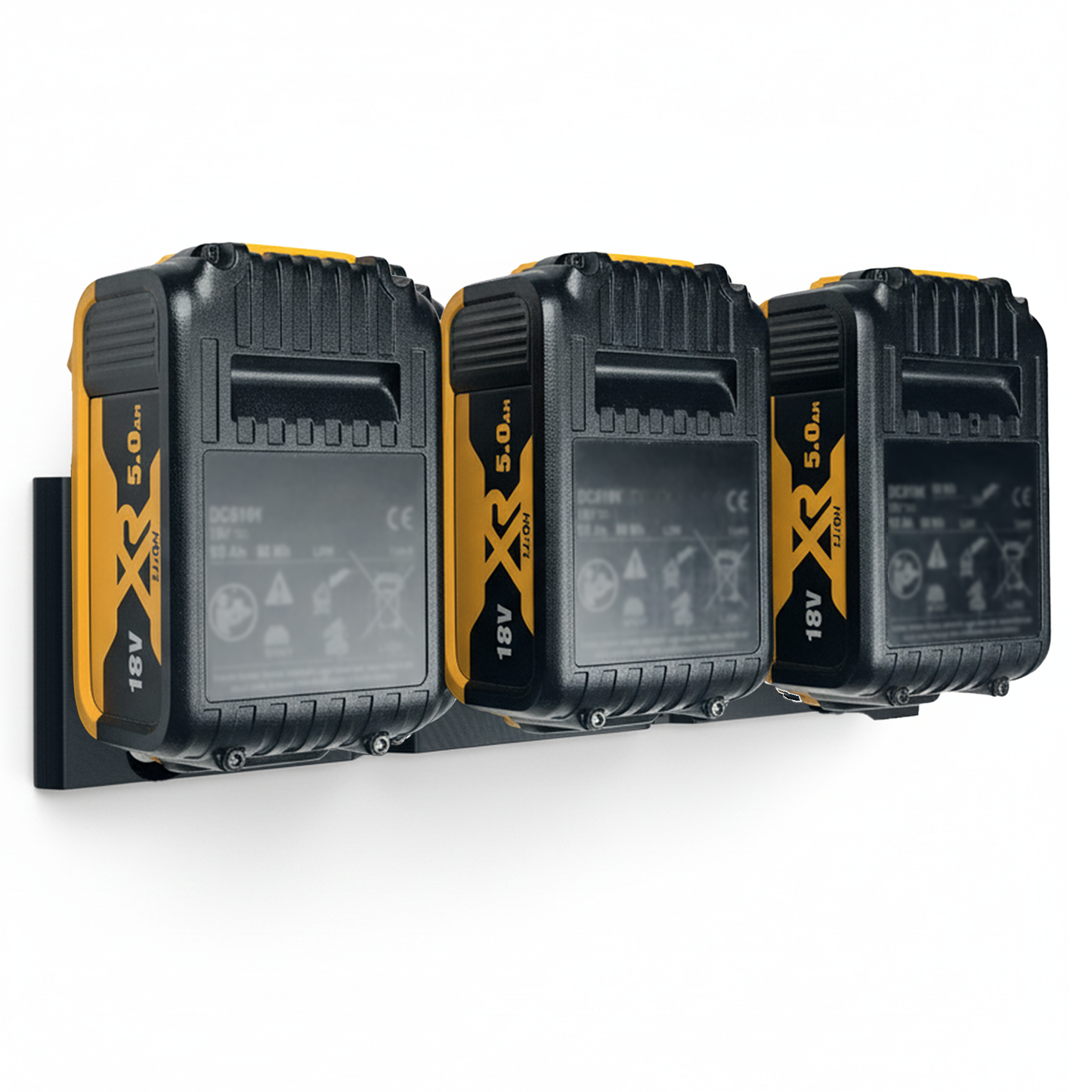 Decoralin Wall Mount Holder for DeWalt 18V Battery – Compatible with All XR & PowerStack Models – Holds 3 Batteries – Includes Screws & Wall Plugs – Eco-Friendly PLA Plastic – Made in Europe