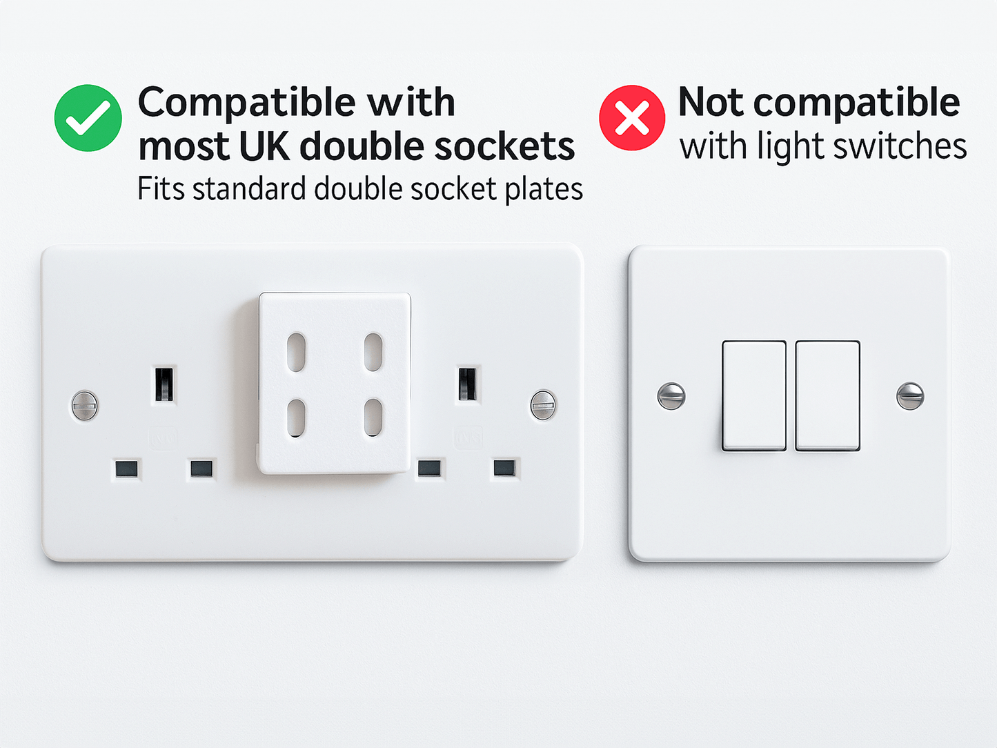Decoralin Socket Switch Covers – White Plastic Caps for Double Wall Socket Plates – Child & Elderly Safety Guard – Stick-On Protection – 2 Pack