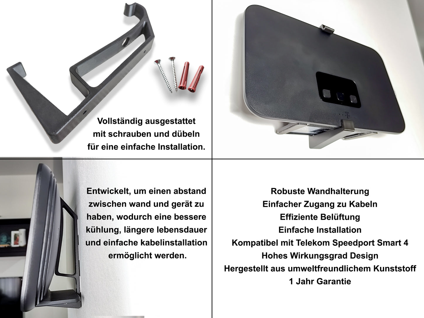 Telekom Speedport Smart 4 Router Wall Mount , Complete With Screws and Fixings, Black