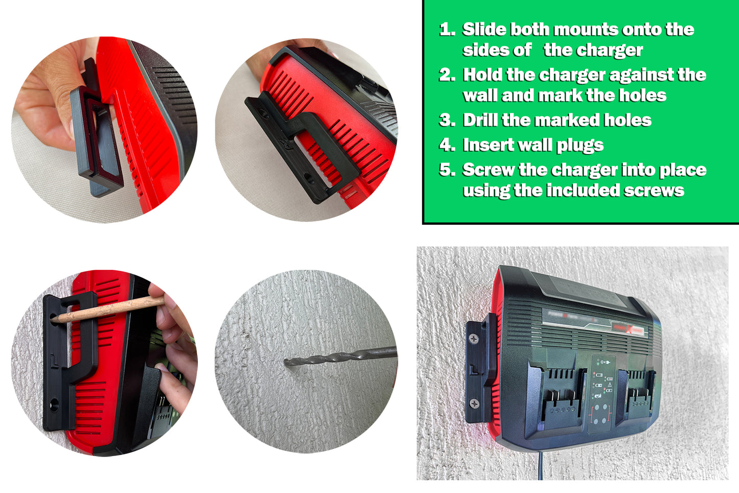 Decoralin Wall Mount for Einhell Power X-Twincharger – Sturdy Bracket – Space-Saving Charger Holder – Durable Plastic – Easy Installation – Made in Europe - Black