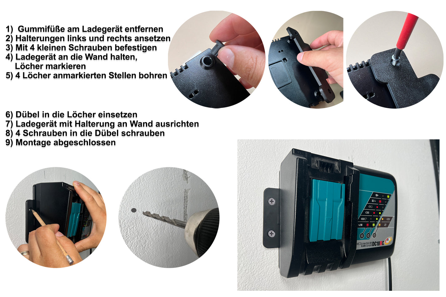 Decoralin Wall Mount for Makita DC18RC Charger – Black Plastic Bracket – Secure Wall Installation with Screws & Plugs – Space-Saving, Durable, Designed & Made in Europe - Decoralin