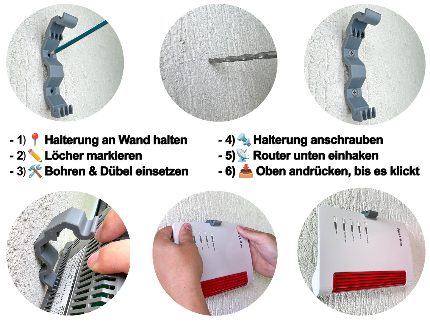 Decoralin Wall Mount compatible with Fritz!Box 7530, 7530 AX, 7510, 5530, 4050, 6850 LTE/5G – Router Holder for Wall Mounting – Grey - Decoralin