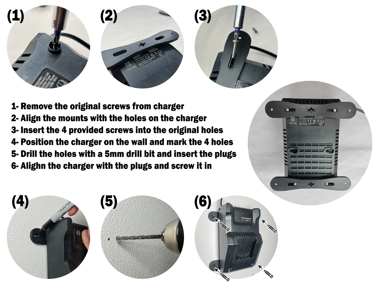 Decoralin Wall Mount for Bosch 18V & 12V Chargers – Compatible with GAL 18V-40, GAL 1180 CV, AL 18V-44, GAL 12V-40 – Charger Holder with Screws & Plugs – Black, Made in Europe