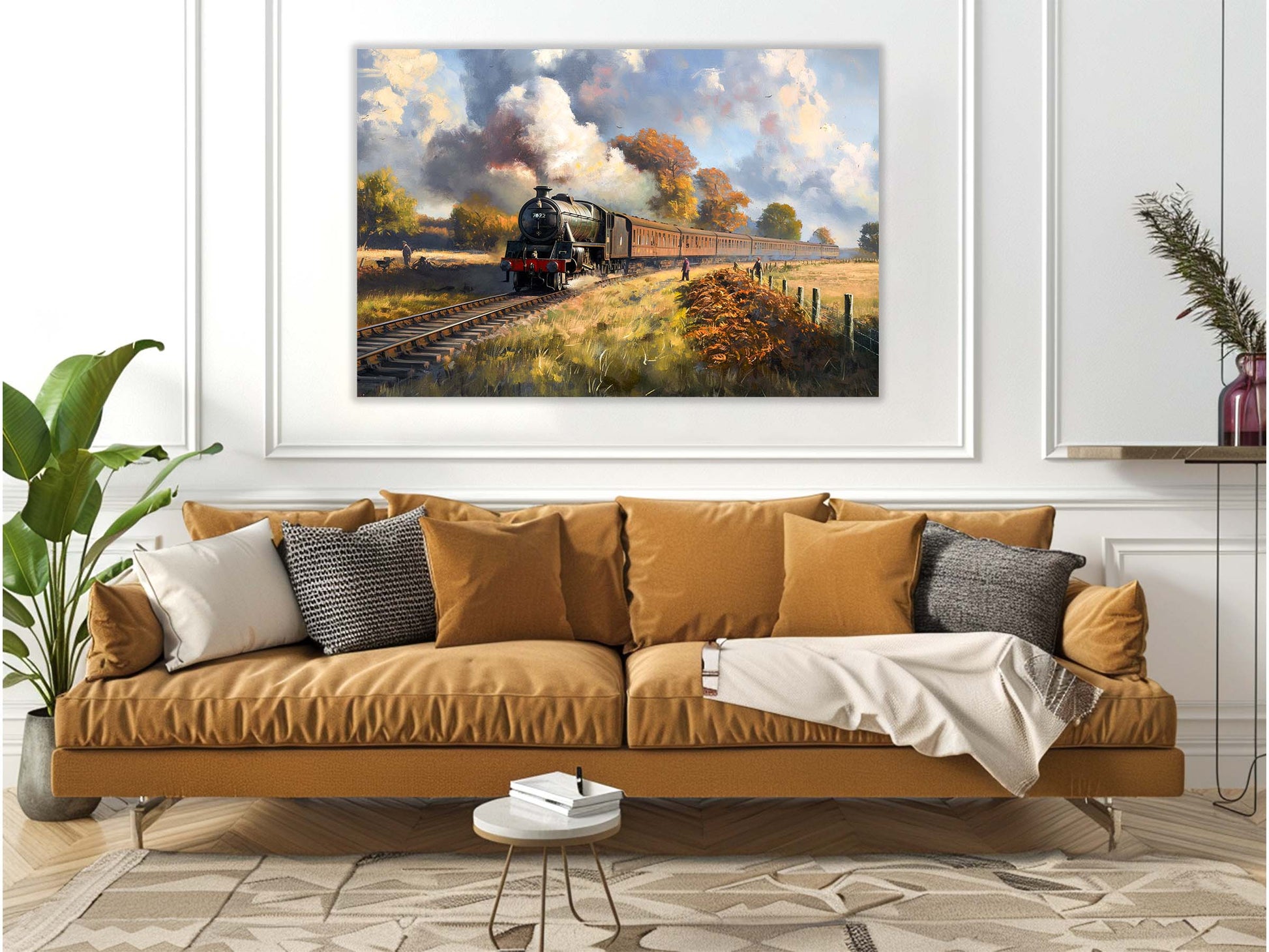 Decoralin Steam Train Passing Through Fields Framed Canvas Wall Art Print - Oil Painting Style - Varnished - Ready to Hang - Decoralin