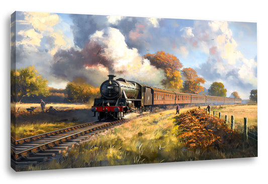 Decoralin Steam Train Passing Through Fields Framed Canvas Wall Art Print - Oil Painting Style - Varnished - Ready to Hang - Decoralin
