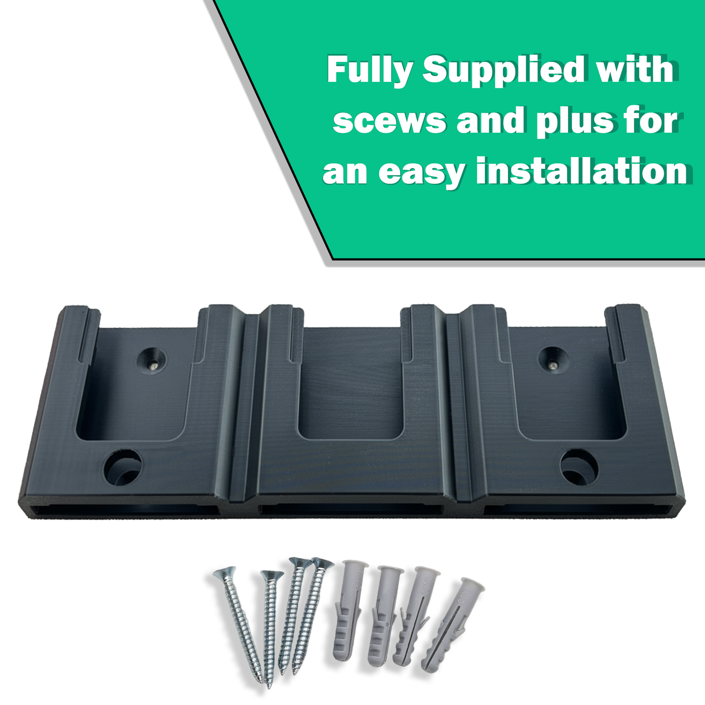 Decoralin Wall Mount Holder for DeWalt 18V Battery – Compatible with All XR & PowerStack Models – Holds 3 Batteries – Includes Screws & Wall Plugs – Eco-Friendly PLA Plastic – Made in Europe