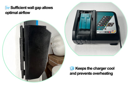 Decoralin Wall Mount for Makita DC18RC Charger – Black Plastic Bracket – Secure Wall Installation with Screws & Plugs – Space-Saving, Durable, Designed & Made in Europe - Decoralin