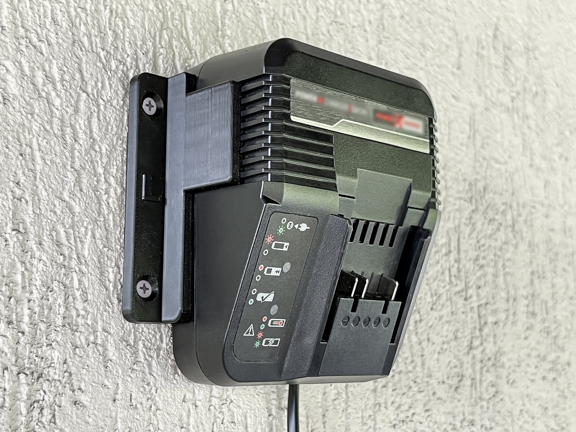 Decoralin Wall Mount for Einhell Power X-Charger 3A – 2-Parts Plastic Holder with Screws & Plugs – Black Bracket for Clean & Secure Wall Storage (Not for Twincharger or Fast Charger) - Decoralin