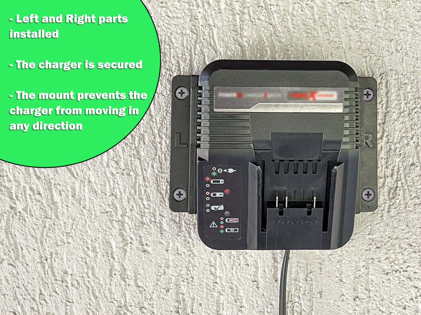 Decoralin Wall Mount for Einhell Power X-Charger 3A – 2-Parts Plastic Holder with Screws & Plugs – Black Bracket for Clean & Secure Wall Storage (Not for Twincharger or Fast Charger) - Decoralin