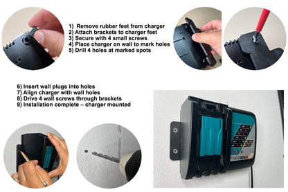 Decoralin Wall Mount for Makita DC18RC Charger – Black Plastic Bracket – Secure Wall Installation with Screws & Plugs – Space-Saving, Durable, Designed & Made in Europe - Decoralin