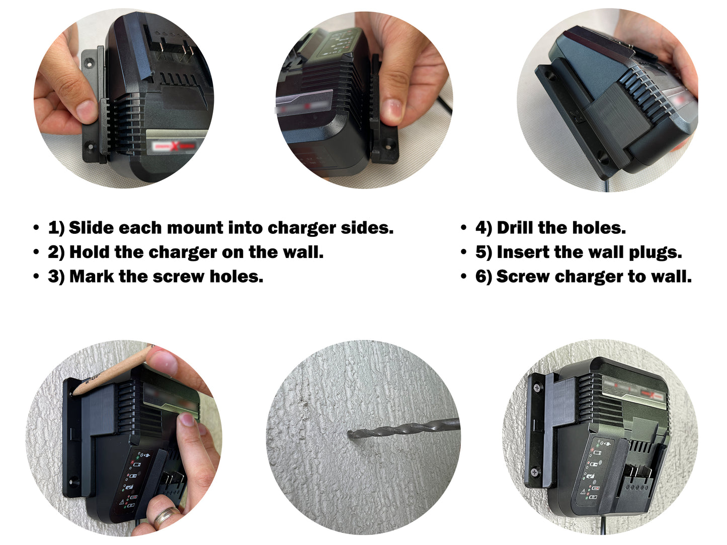 Decoralin Wall Mount for Einhell Power X-Charger 3A – 2-Parts Plastic Holder with Screws & Plugs – Black Bracket for Clean & Secure Wall Storage (Not for Twincharger or Fast Charger) - Decoralin