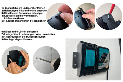 Decoralin Wall Mount for Makita DC18RC Charger – Black Plastic Bracket – Secure Wall Installation with Screws & Plugs – Space-Saving, Durable, Designed & Made in Europe - Decoralin