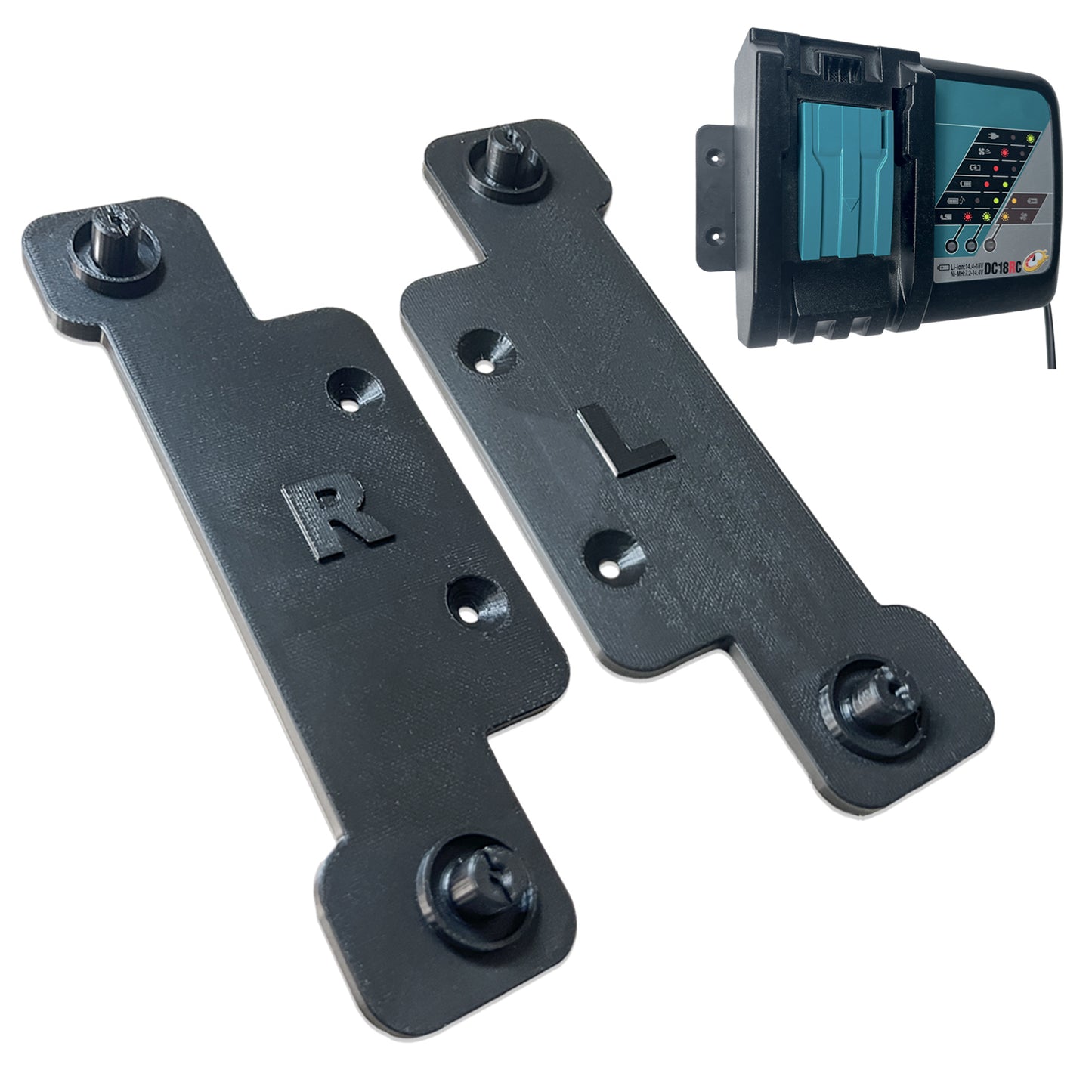 Decoralin Wall Mount for Makita DC18RC Charger – Black Plastic Bracket – Secure Wall Installation with Screws & Plugs – Space-Saving, Durable, Designed & Made in Europe - Decoralin