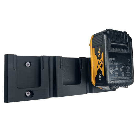 Decoralin Wall Mount Holder for DeWalt 18V Battery – Compatible with All XR & PowerStack Models – Holds 3 Batteries – Includes Screws & Wall Plugs – Eco-Friendly PLA Plastic – Made in Europe