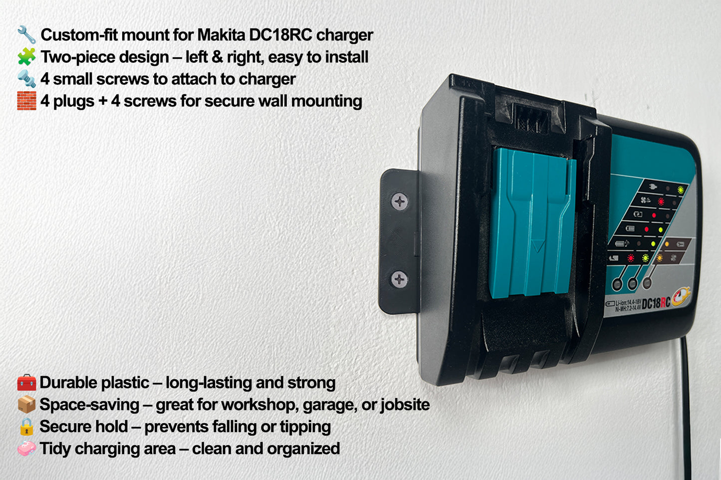 Decoralin Wall Mount for Makita DC18RC Charger – Black Plastic Bracket – Secure Wall Installation with Screws & Plugs – Space-Saving, Durable, Designed & Made in Europe - Decoralin
