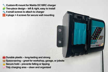 Decoralin Wall Mount for Makita DC18RC Charger – Black Plastic Bracket – Secure Wall Installation with Screws & Plugs – Space-Saving, Durable, Designed & Made in Europe - Decoralin