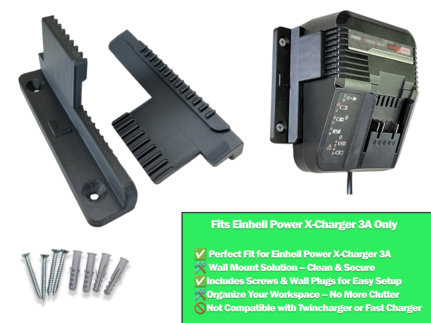 Decoralin Wall Mount for Einhell Power X-Charger 3A – 2-Parts Plastic Holder with Screws & Plugs – Black Bracket for Clean & Secure Wall Storage (Not for Twincharger or Fast Charger) - Decoralin