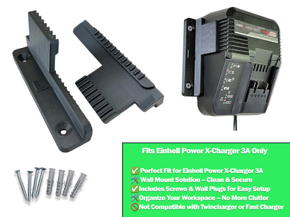Decoralin Wall Mount for Einhell Power X-Charger 3A – 2-Parts Plastic Holder with Screws & Plugs – Black Bracket for Clean & Secure Wall Storage (Not for Twincharger or Fast Charger) - Decoralin